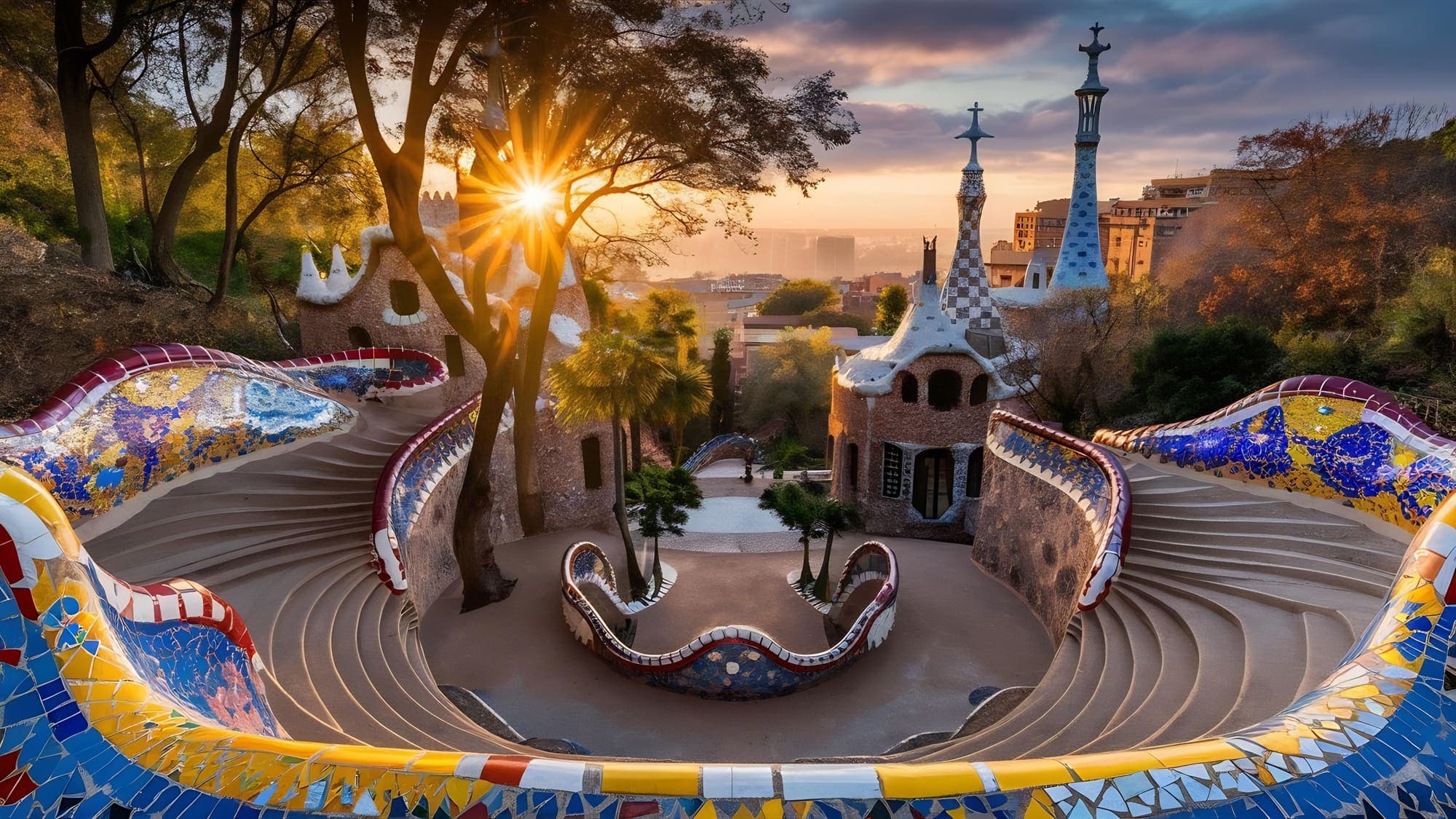 Park Güell, en el distrito de Gràcia, al amanecer