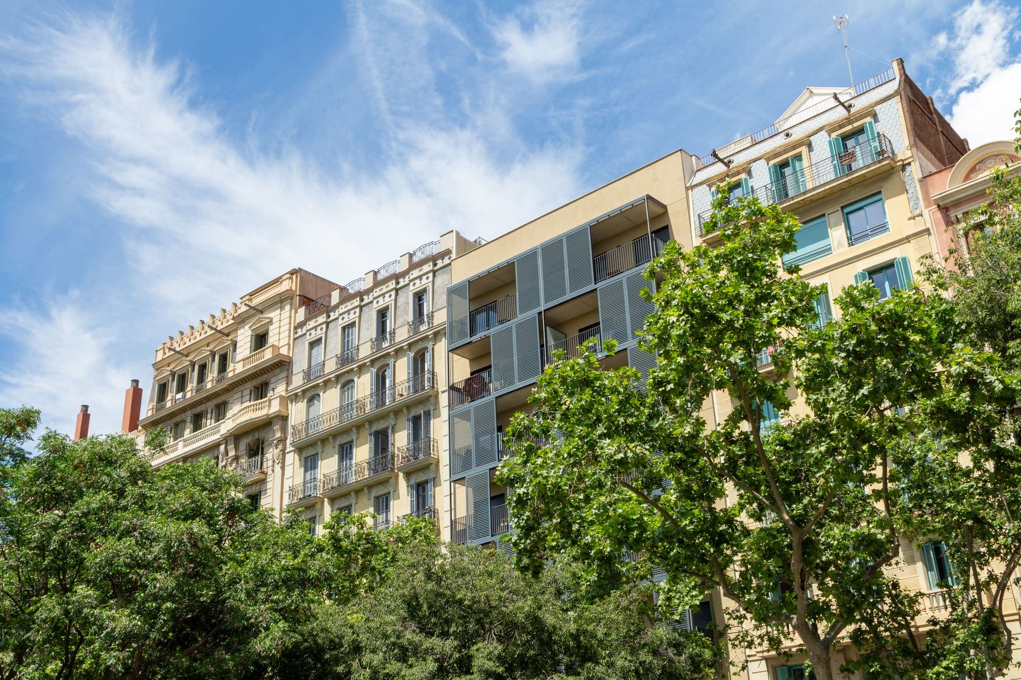 Edificios residenciales y árboles en una calle de Barcelona