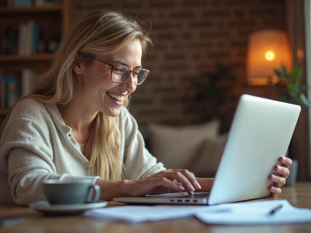 Mujer sonriente leyendo una confirmación en su portátil en casa