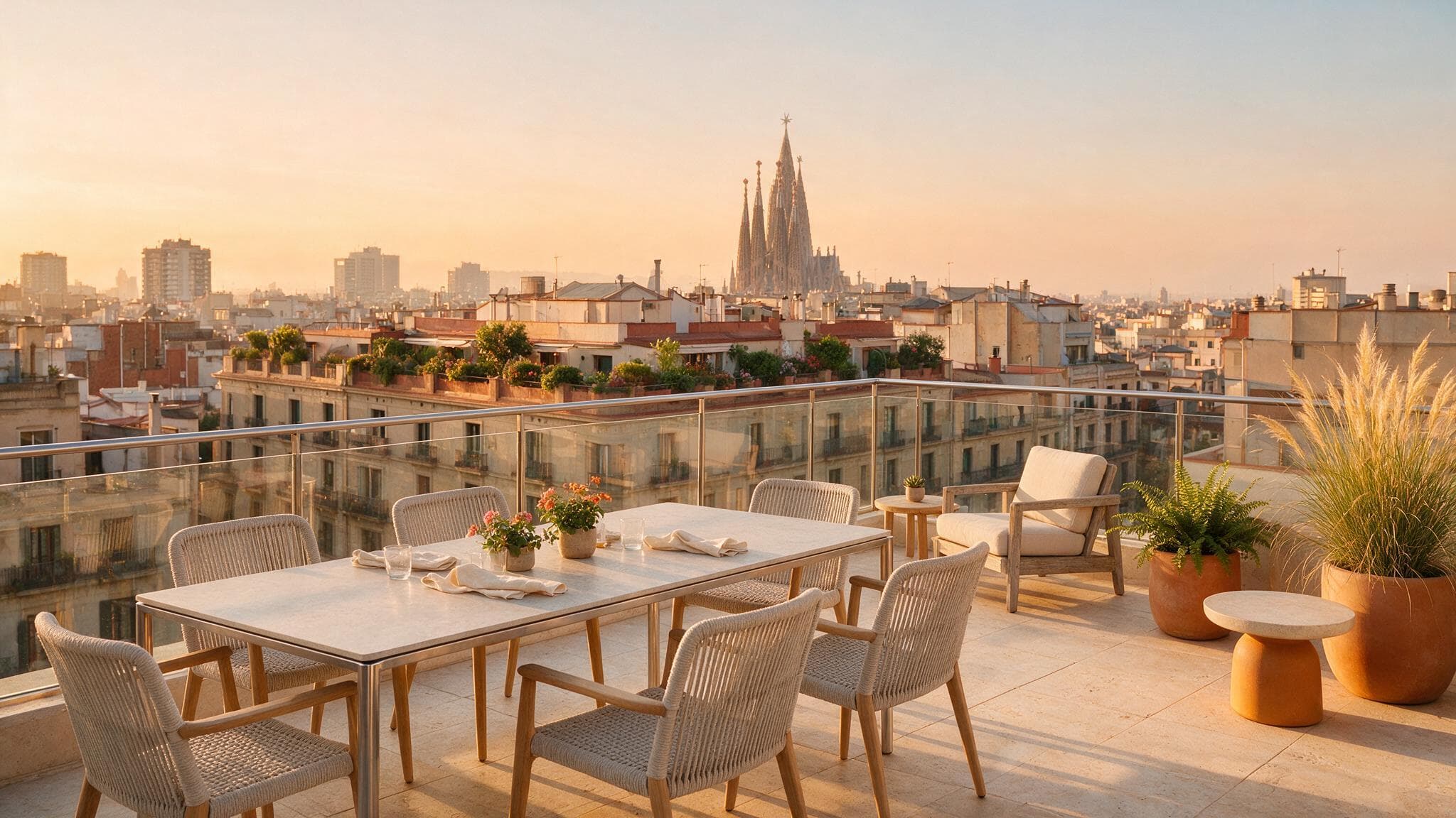 Terraza de un ático con vistas a la Sagrada Família, en Barcelona, al atardecer