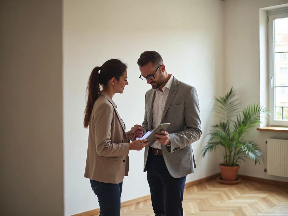 Agente inmobiliario valorando con la propietaria un piso de alquiler