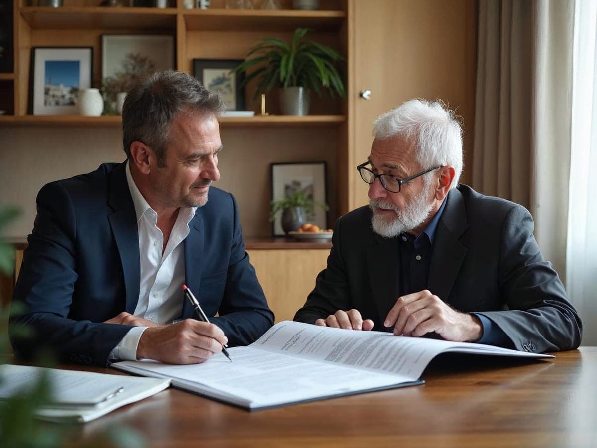 Consultor revisando las escrituras de sus inmuebles con un propietario