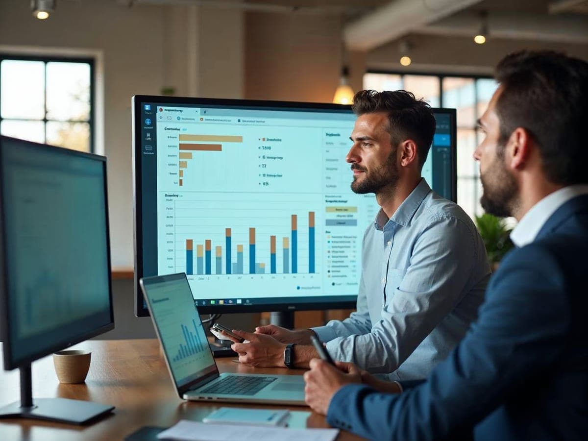 Consultor analizando gráficos de rentabilidad en una oficina