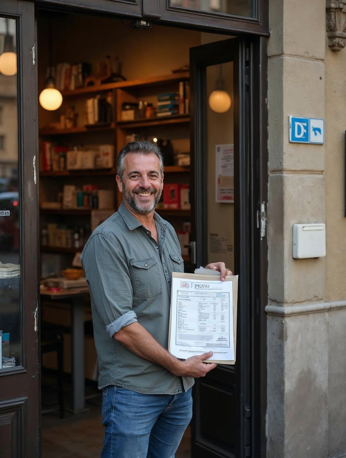 Comerciante en la puerta de su nueva tienda con una carpeta de permisos