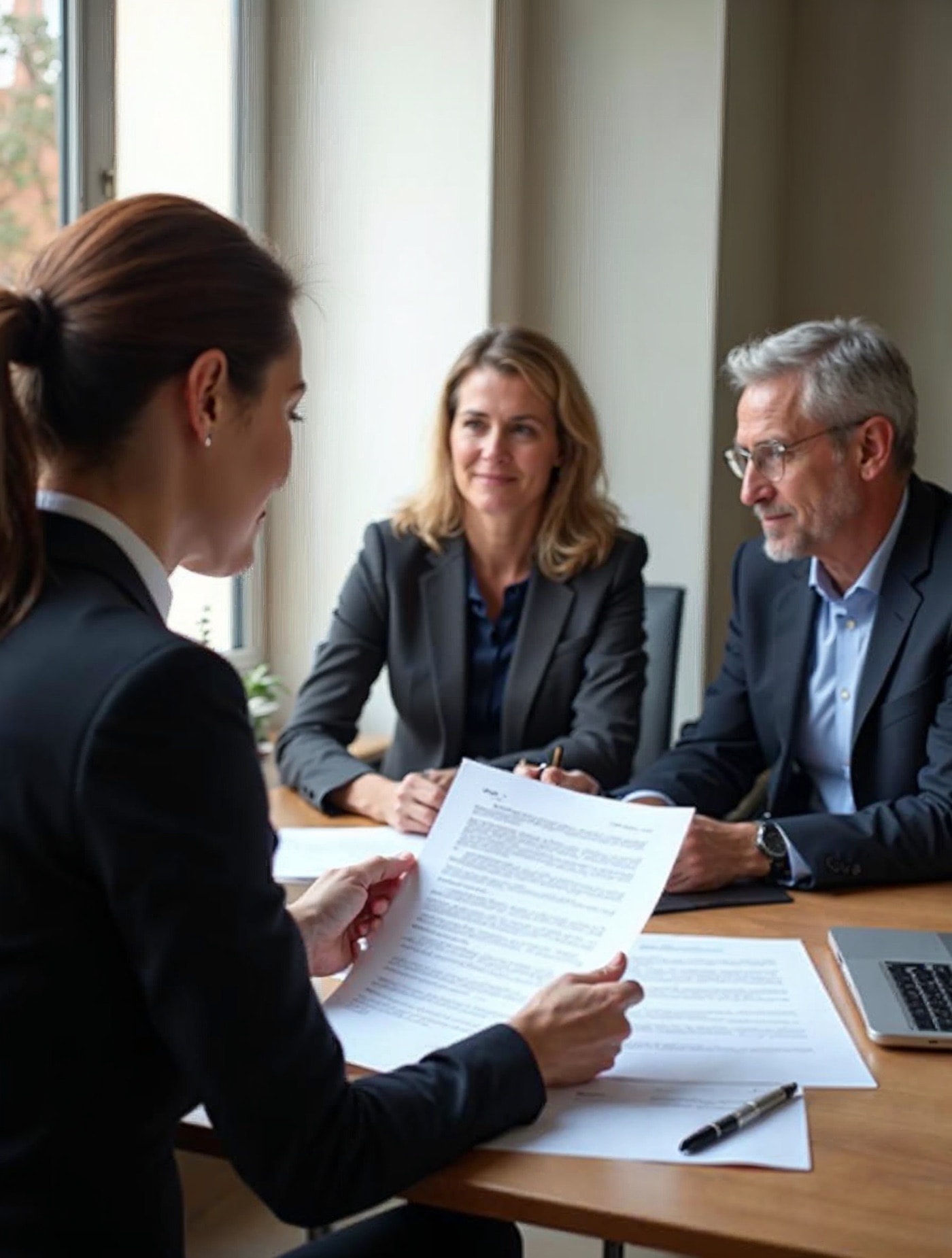 Abogada revisando un contrato con dos clientes en un despacho de Barcelona