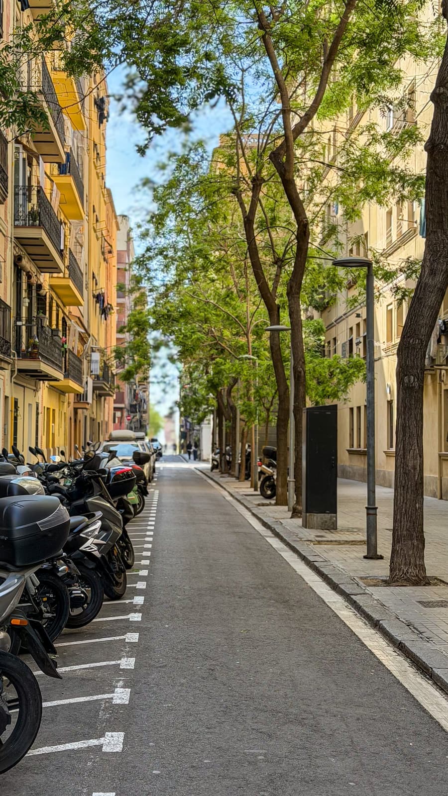 Calle residencial con árboles y motos aparcadas en un barrio de Barcelona