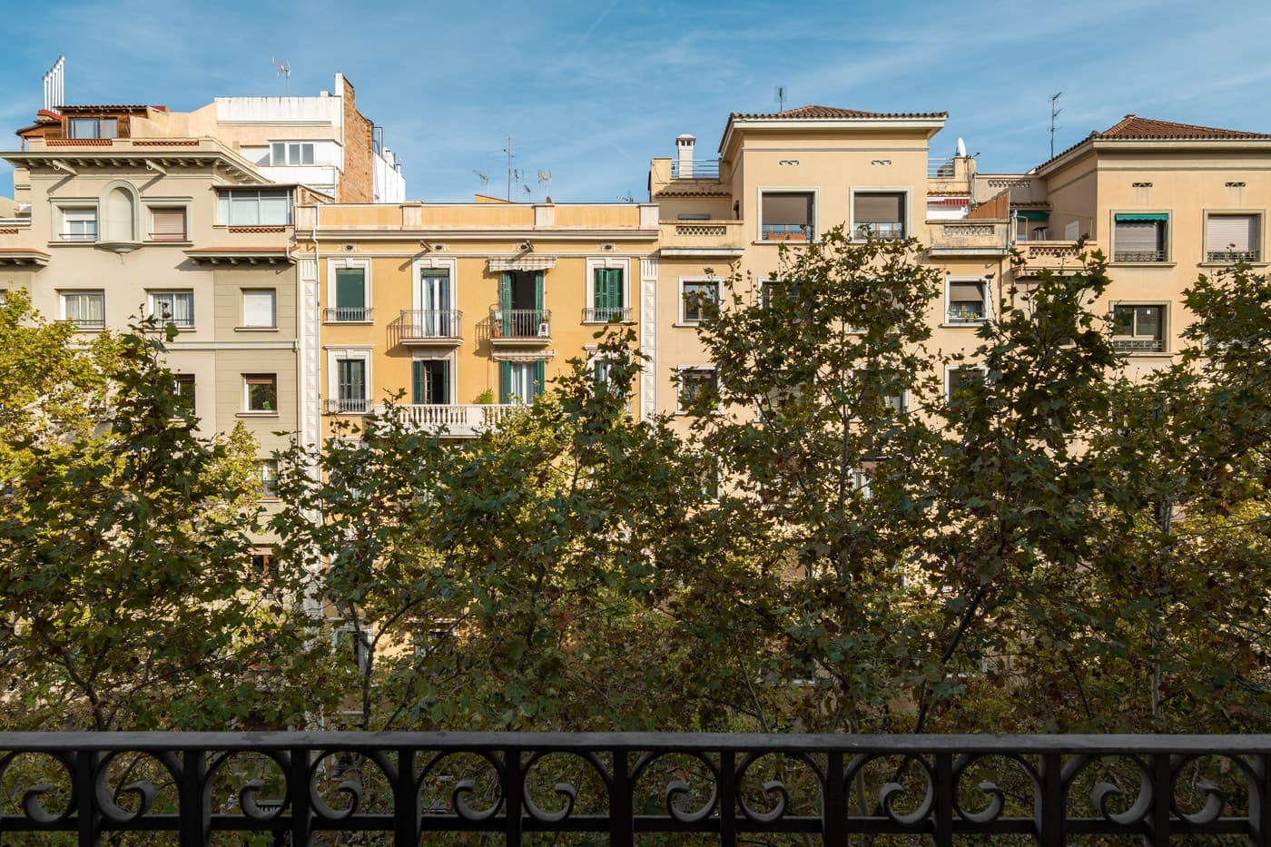 Edificios residenciales con balcones y árboles en un barrio de Barcelona