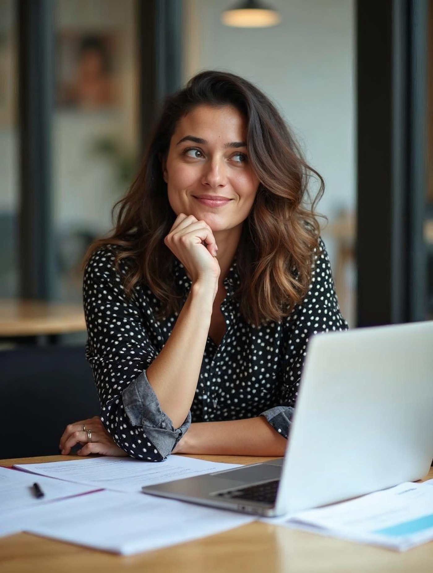 Autónoma en un espacio de coworking con el portátil y una carpeta de recibos