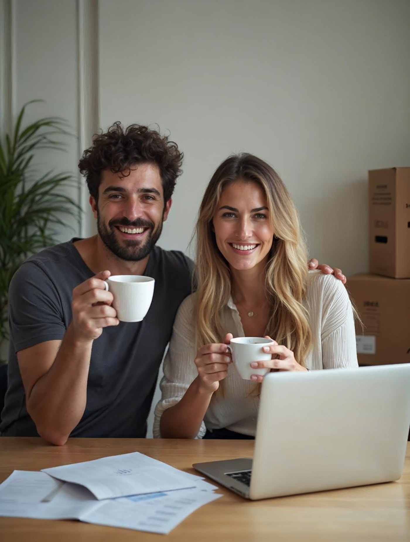 Dos emprendedores brindando con café en su nueva oficina el primer día