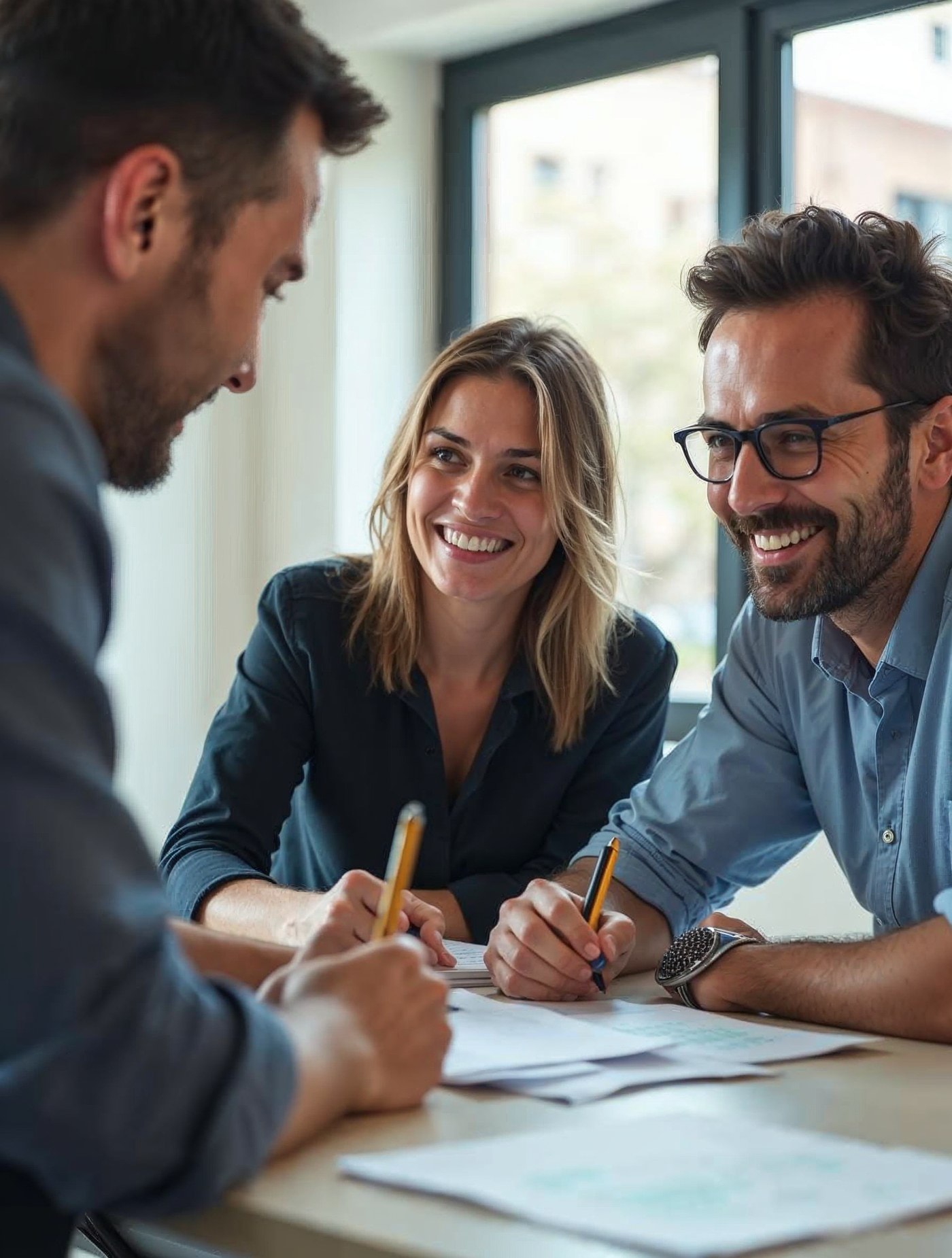Tres socios hablando de su nueva empresa alrededor de una mesa