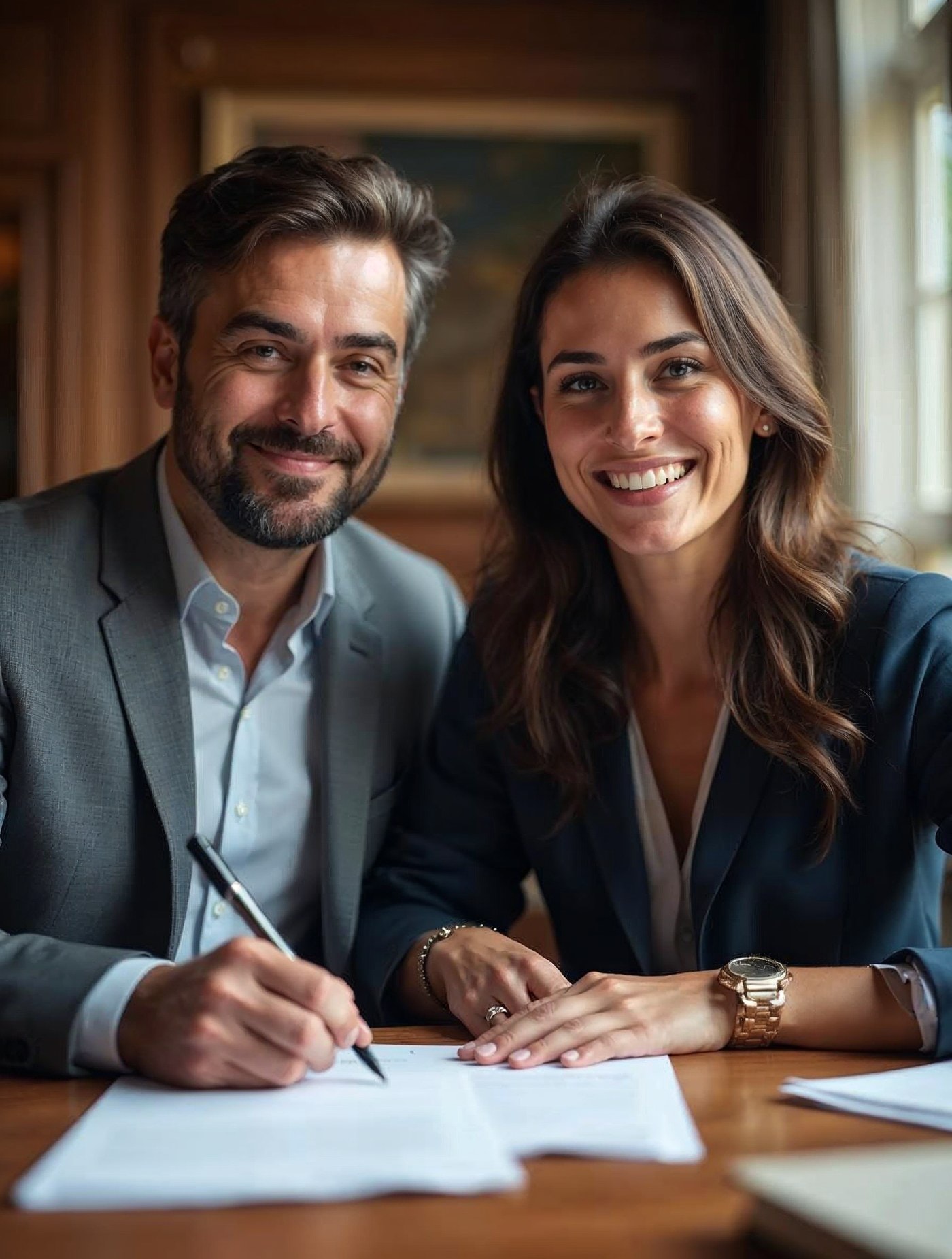 Dos socios firmando la escritura de su sociedad en una notaría