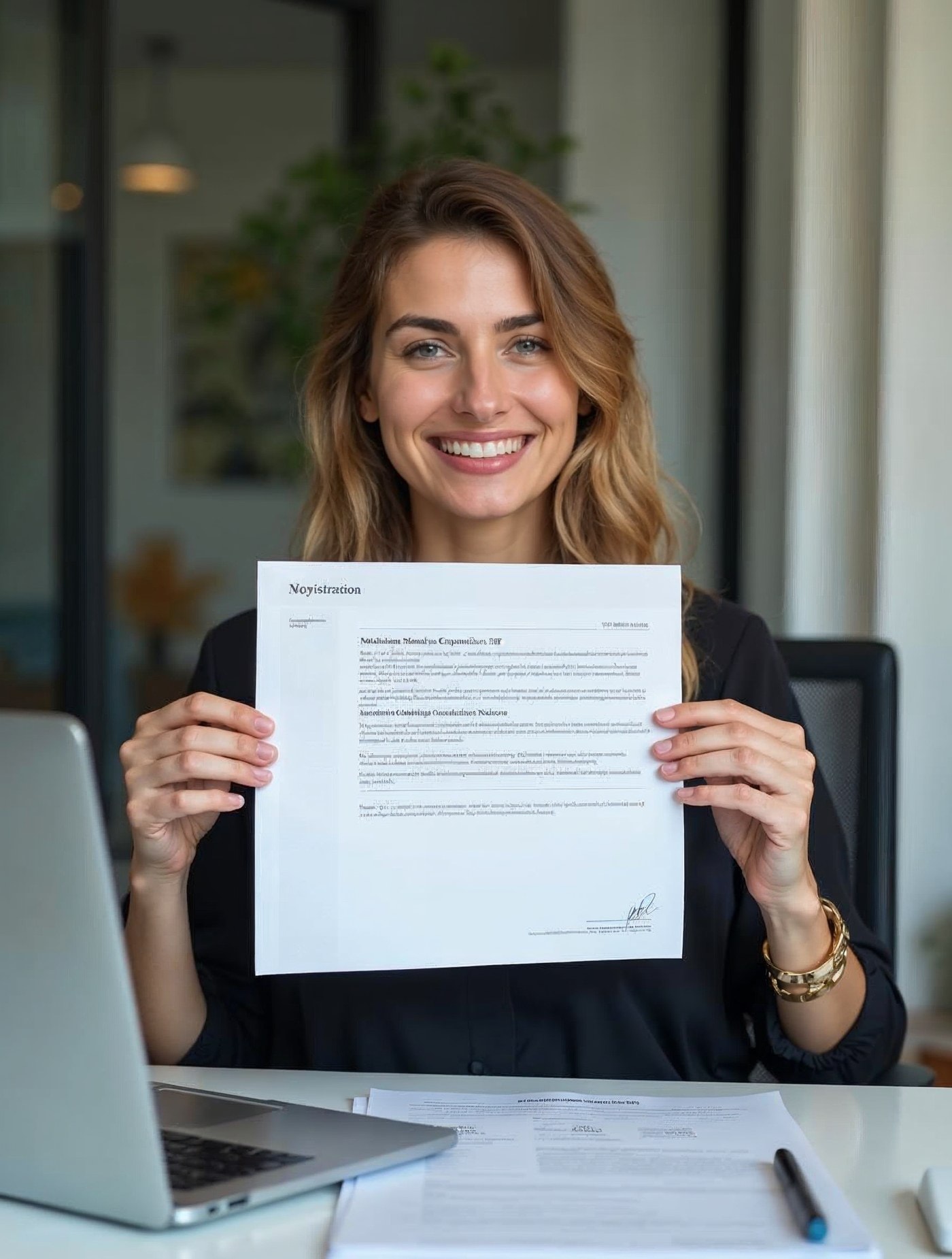 Emprendedora mostrando con orgullo los papeles de inscripción de su empresa