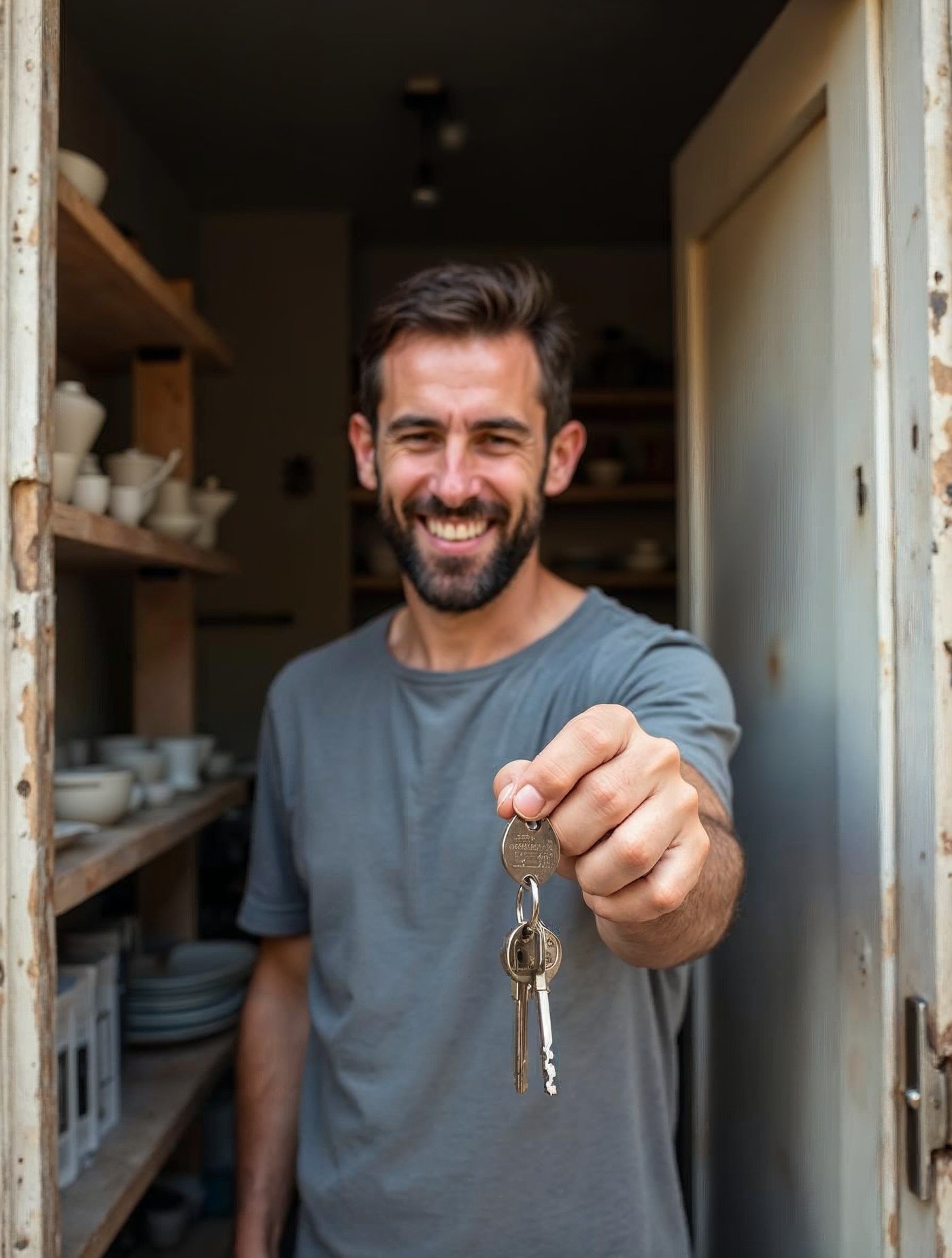 Emprendedor con las llaves en la puerta de su nuevo taller de cerámica