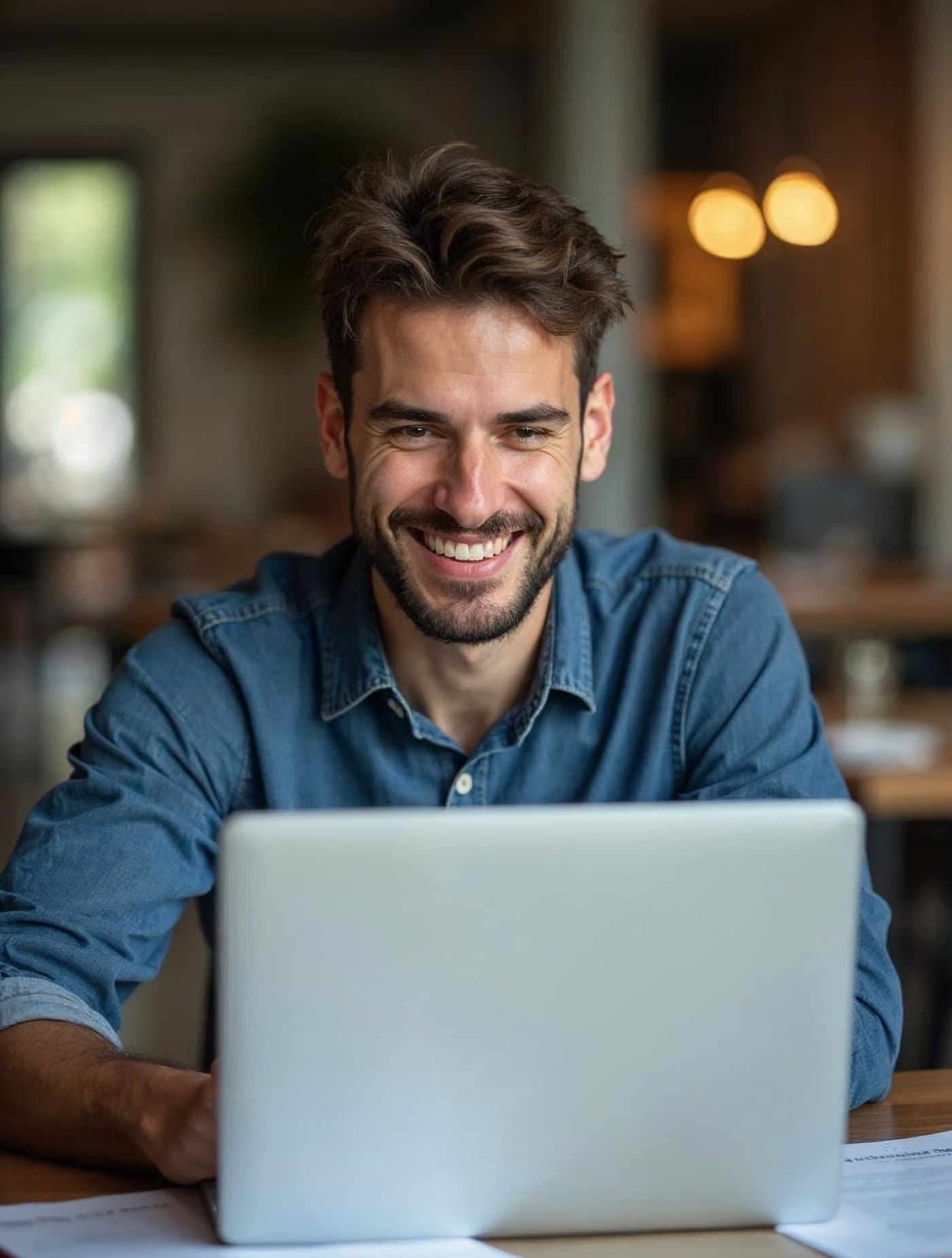 Joven emprendedor leyendo una buena noticia en su portátil en un espacio de coworking