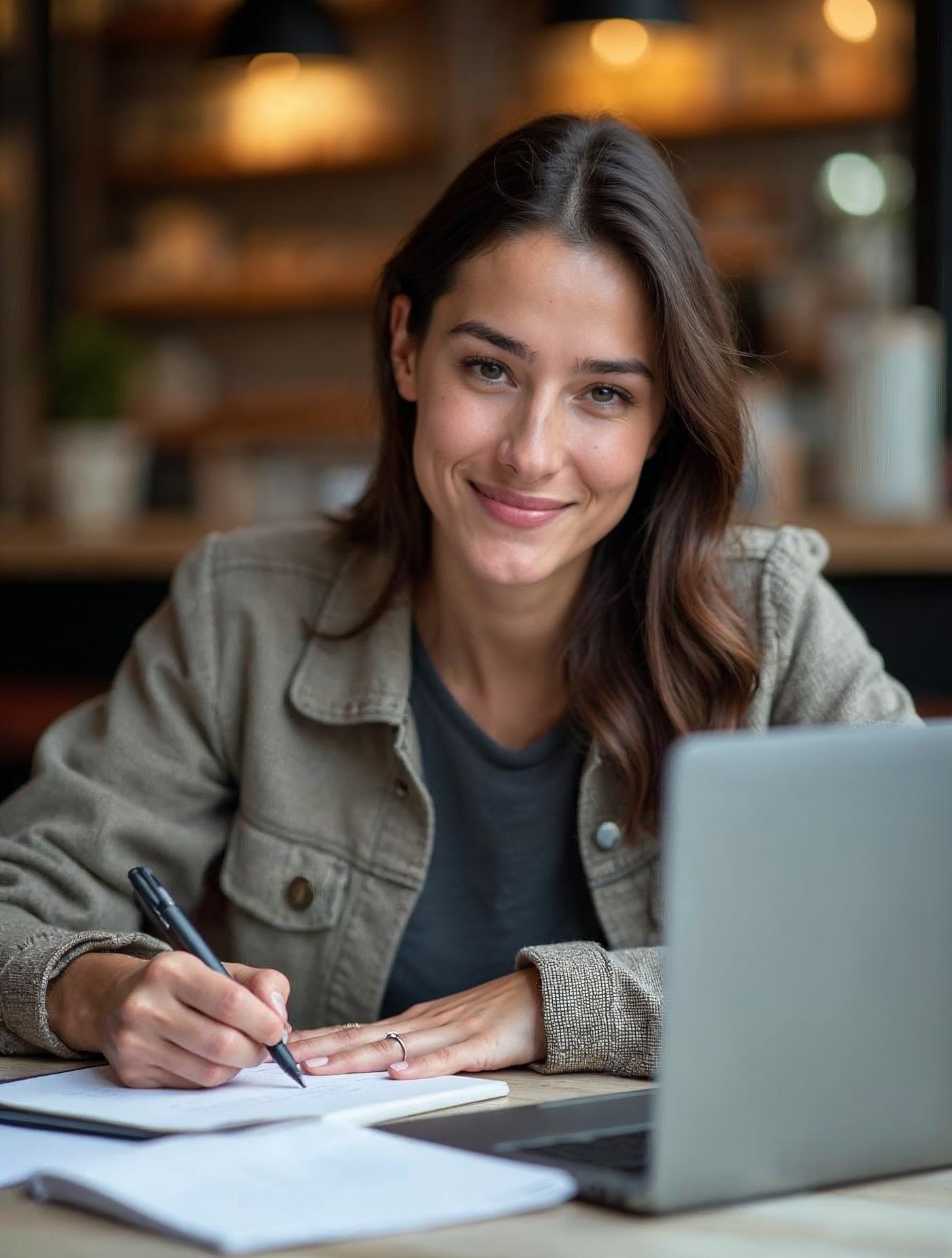 Emprendedora en una cafetería esbozando su plan de negocio en una libreta junto a su portátil