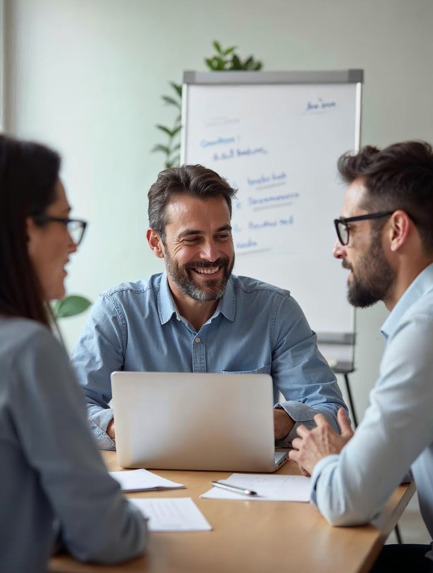 Tres socios de una empresa hablando de estrategia alrededor de una mesa