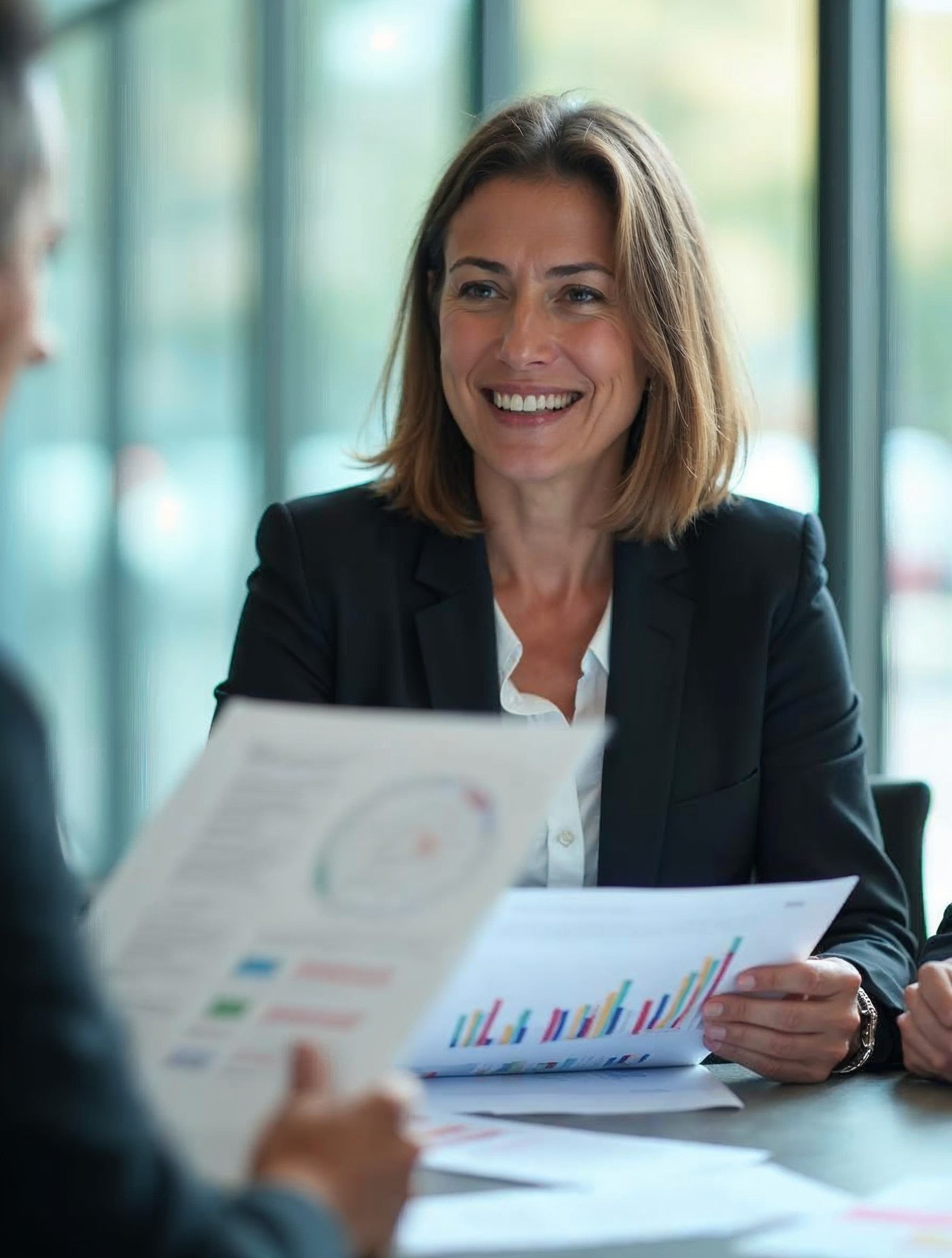 Directiva leyendo un informe con gráficos en una sala de reuniones luminosa