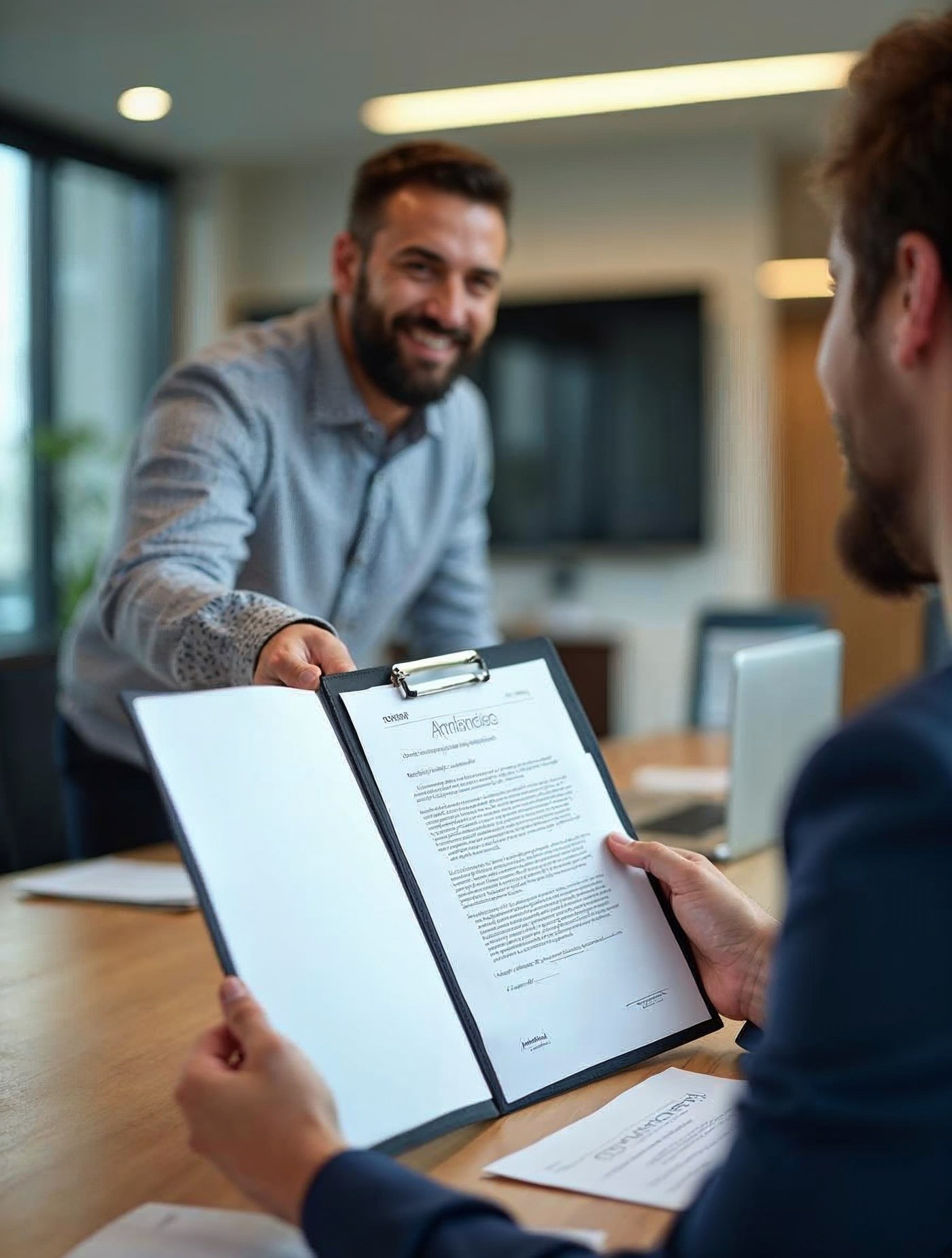 Empresario entregando una carpeta con un contrato de trabajo a un nuevo empleado