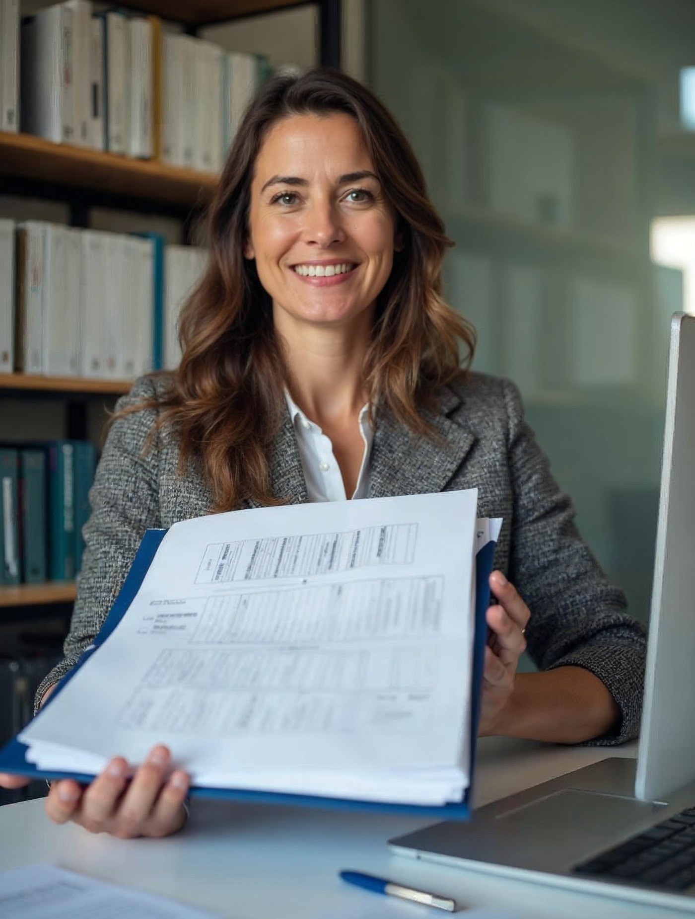 Asesora laboral revisando un archivador con expedientes de empleados