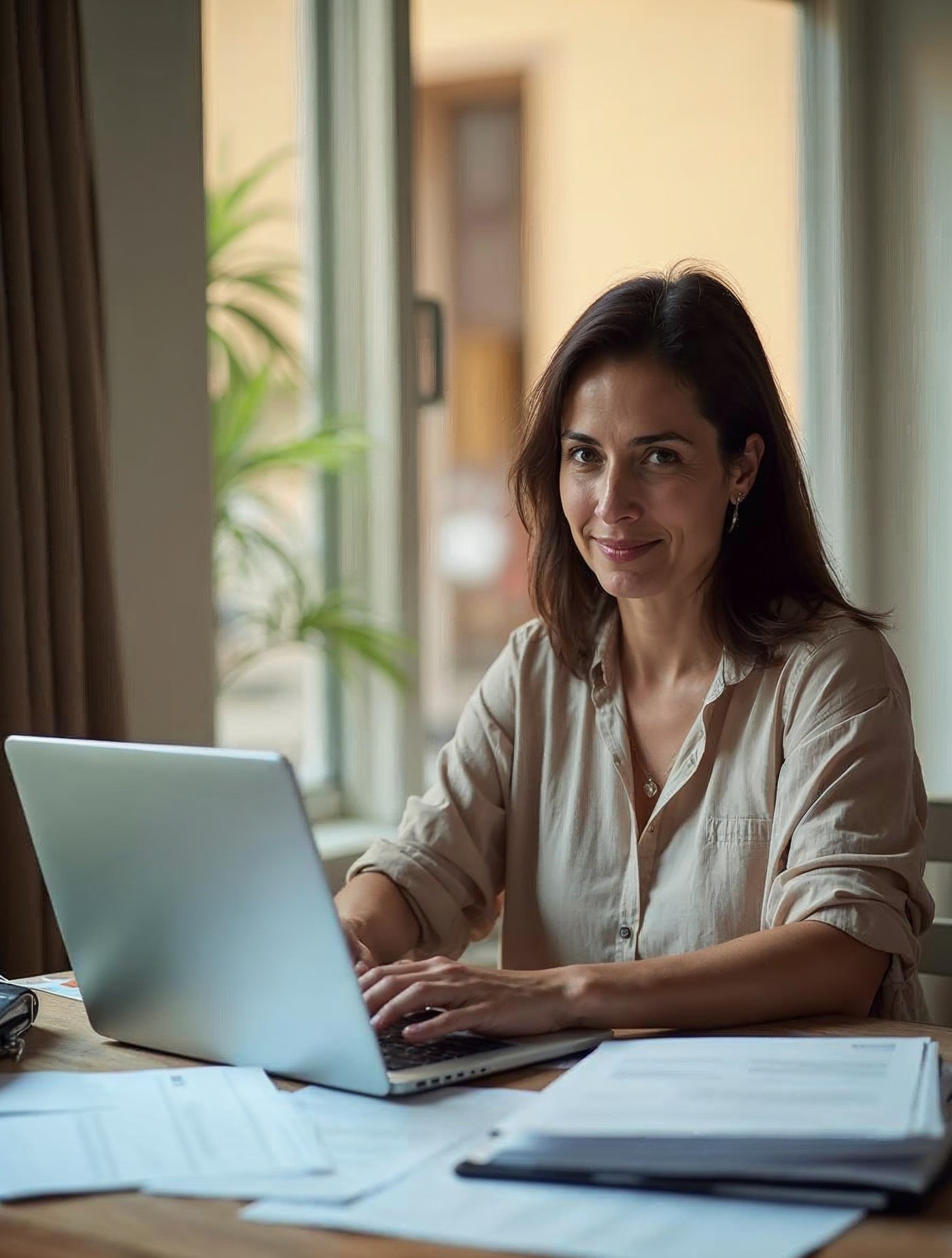 Mujer haciendo su declaración de la renta con el portátil en su casa de Barcelona