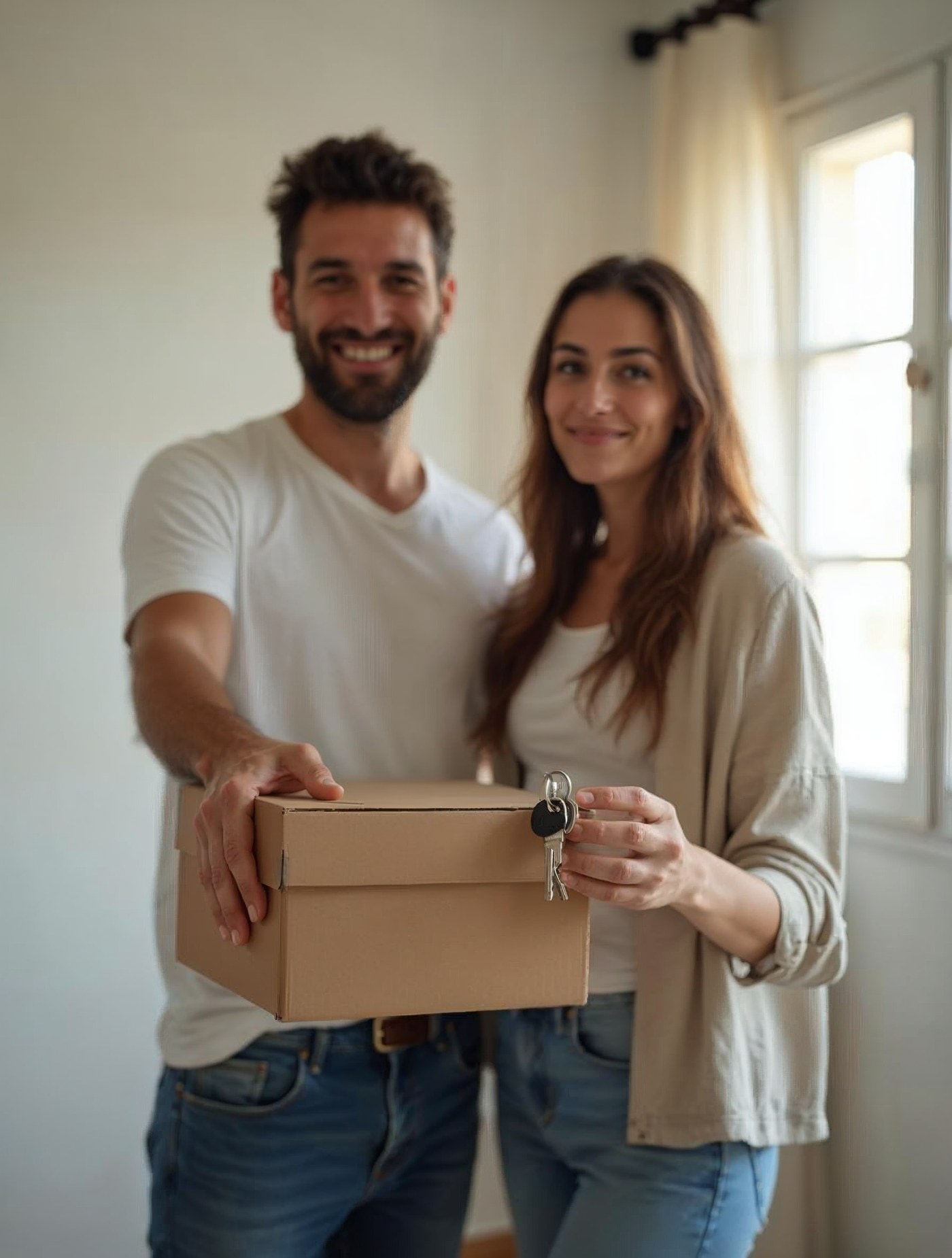 Pareja en su nueva vivienda con las llaves y una caja de mudanza