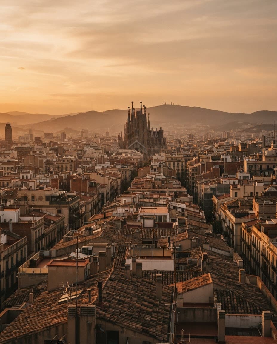Vista atmosférica de Barcelona al atardecer