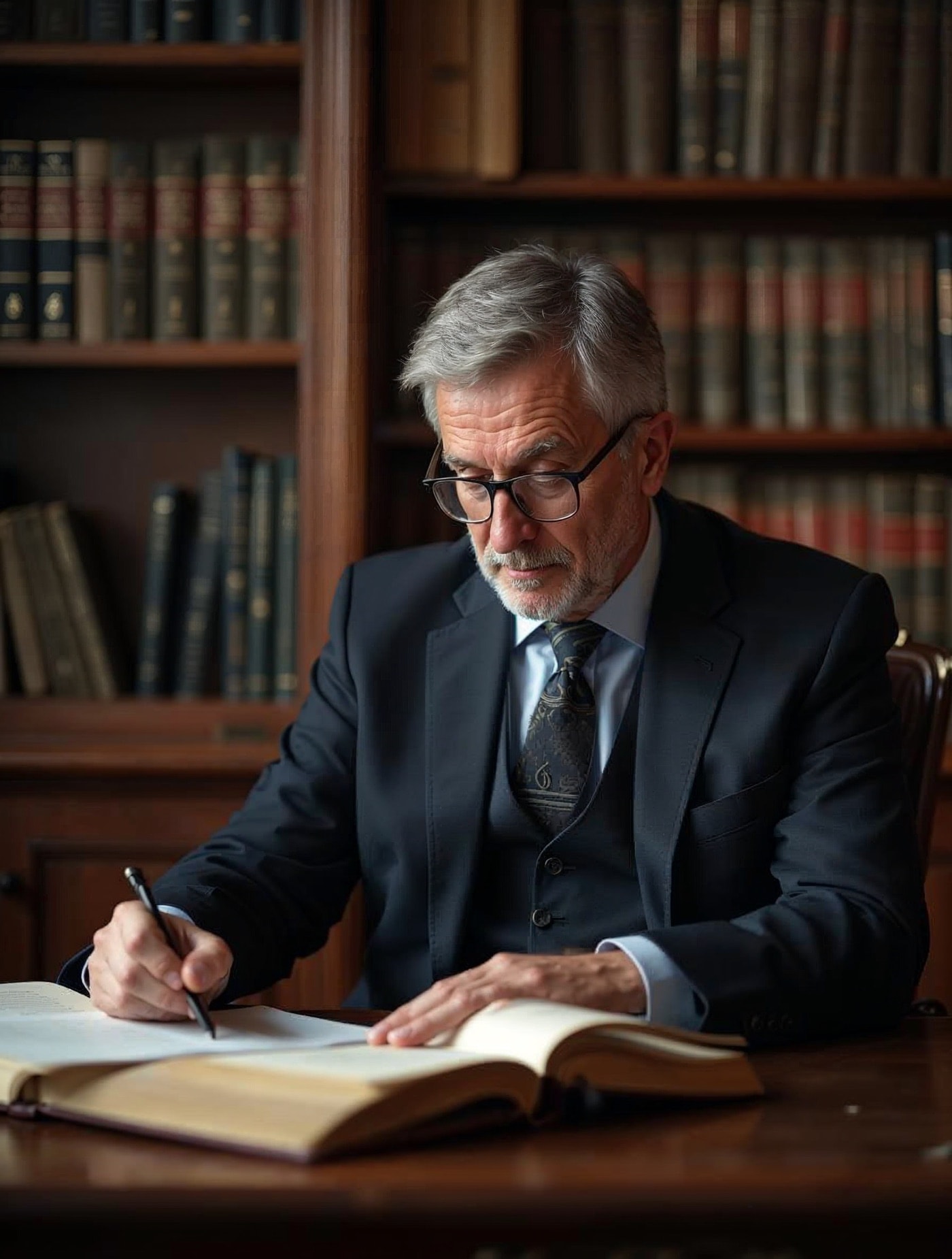 Abogado constitucionalista estudiando una sentencia en una biblioteca jurídica