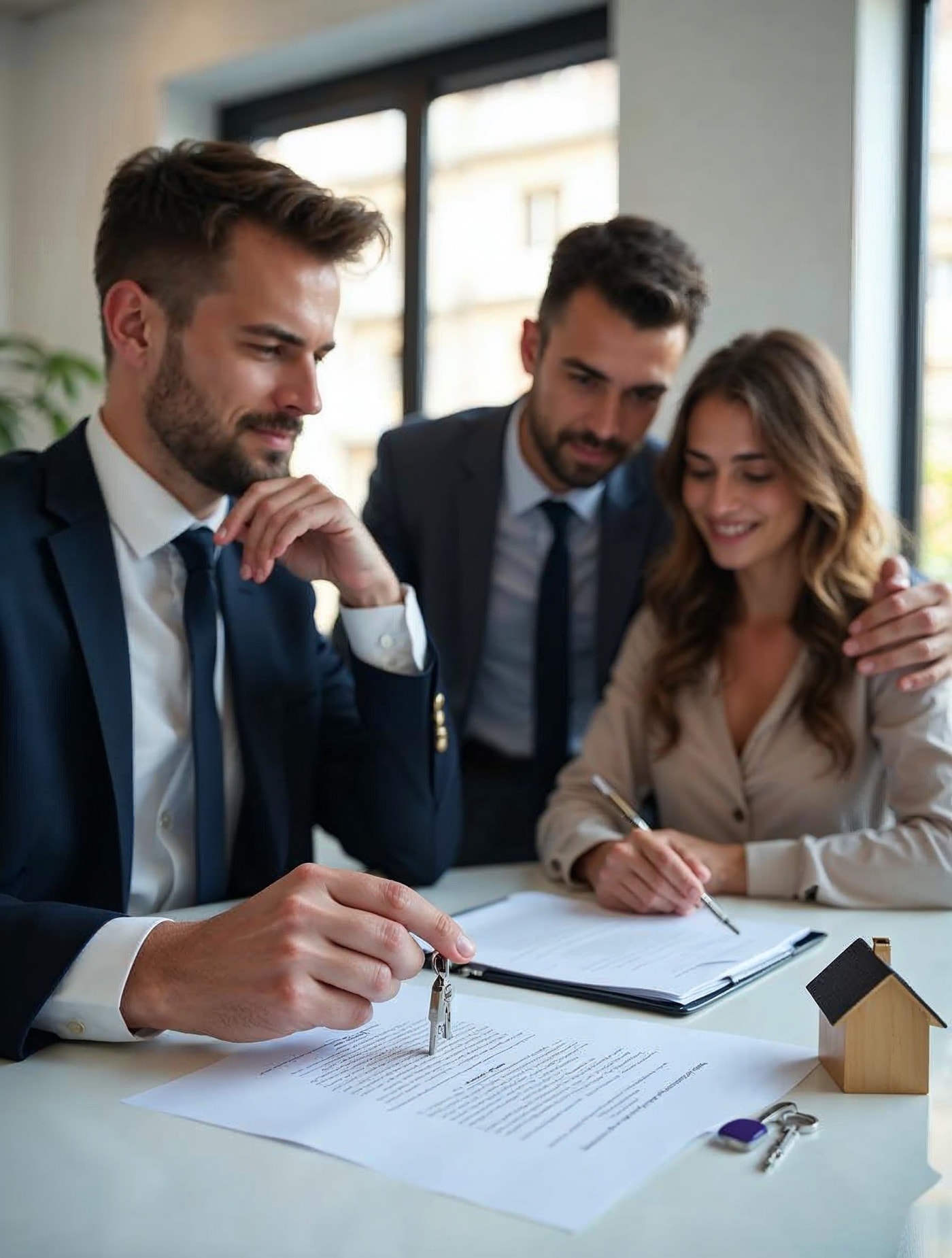 Abogado inmobiliario revisando un contrato de compraventa con una pareja joven