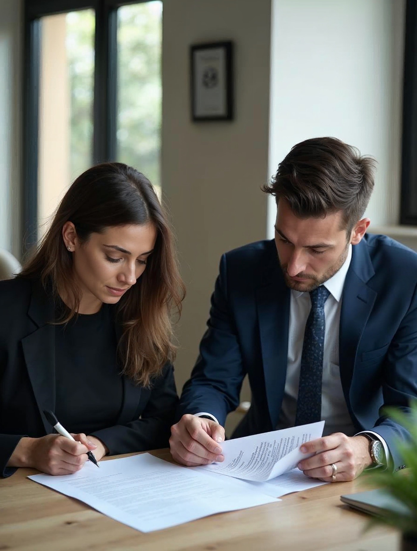 Abogada laboralista revisando un contrato de trabajo y nóminas con un trabajador