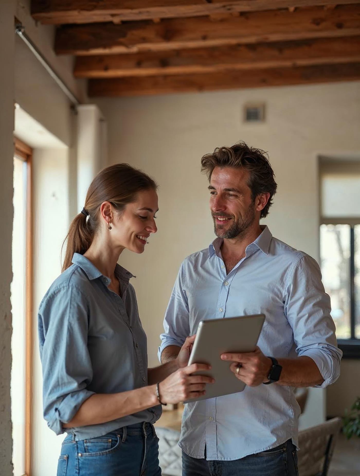 Arquitecto con una tableta revisando una vivienda reformada junto a su propietaria