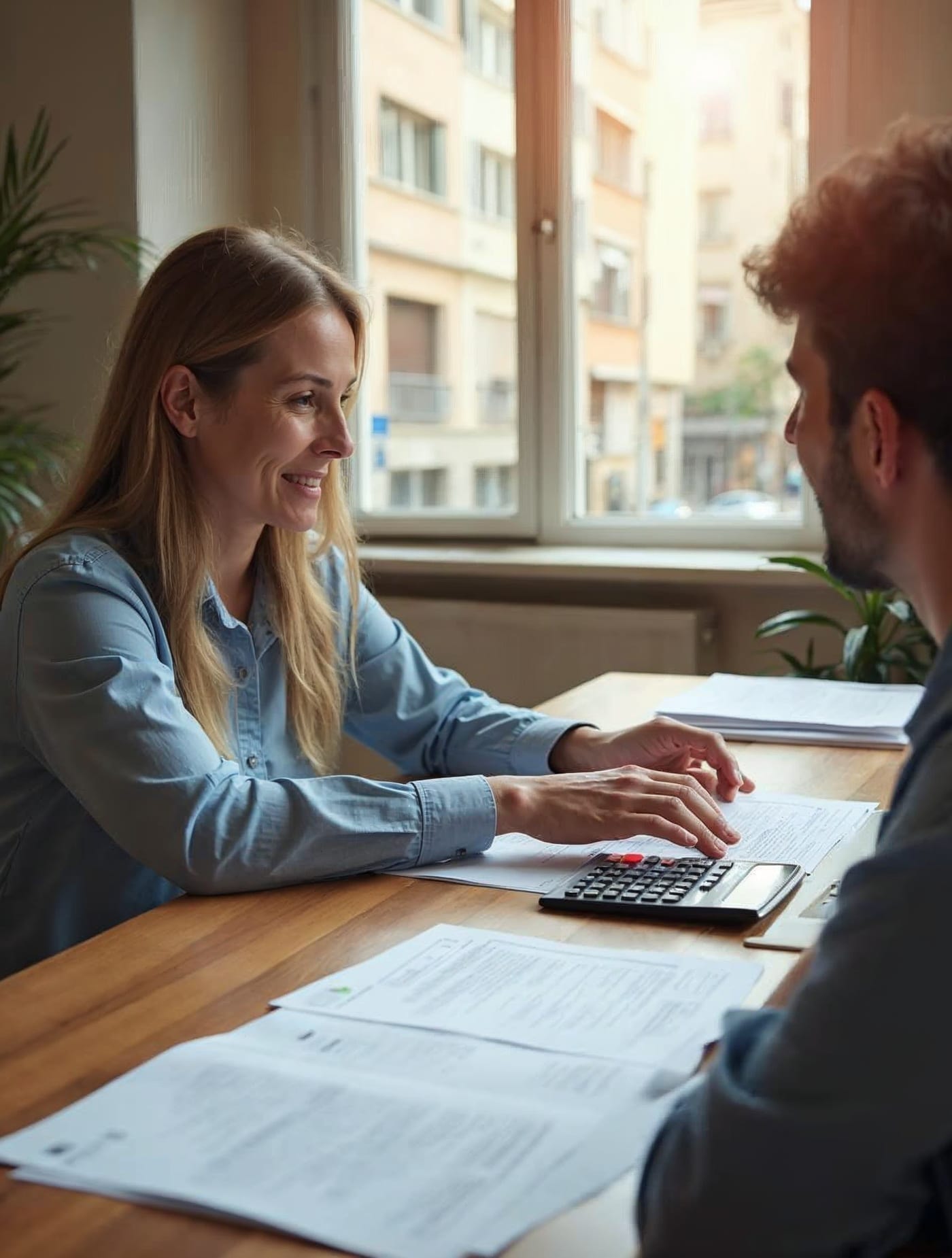 Asesora fiscal revisando con un propietario los impuestos de un inmueble en una oficina de Barcelona