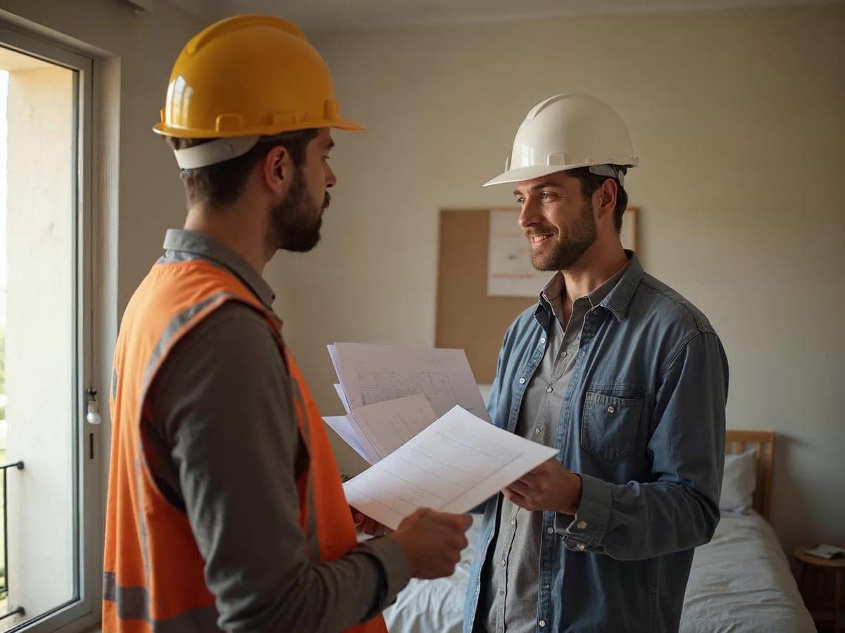 Arquitecto con casco supervisando una reforma junto al constructor