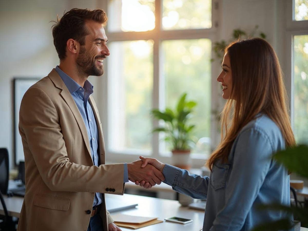 Asesor recibiendo a un cliente en la oficina