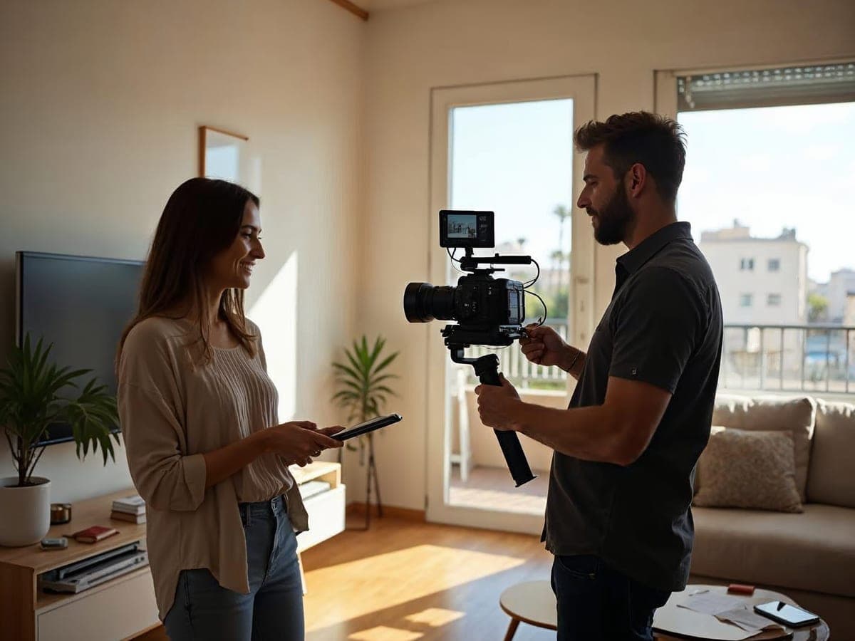 Videógrafo grabando el interior luminoso de un piso