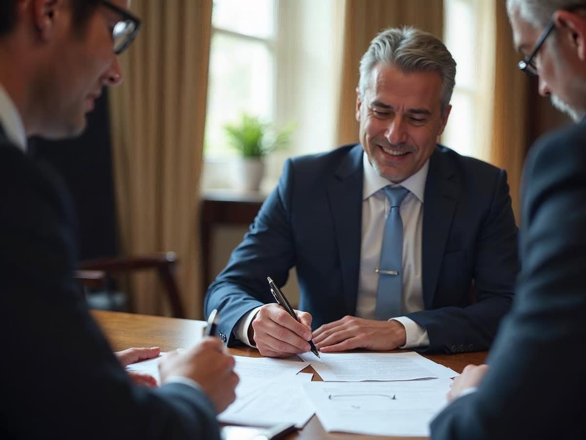 Cliente firmando documentos junto a sus abogados