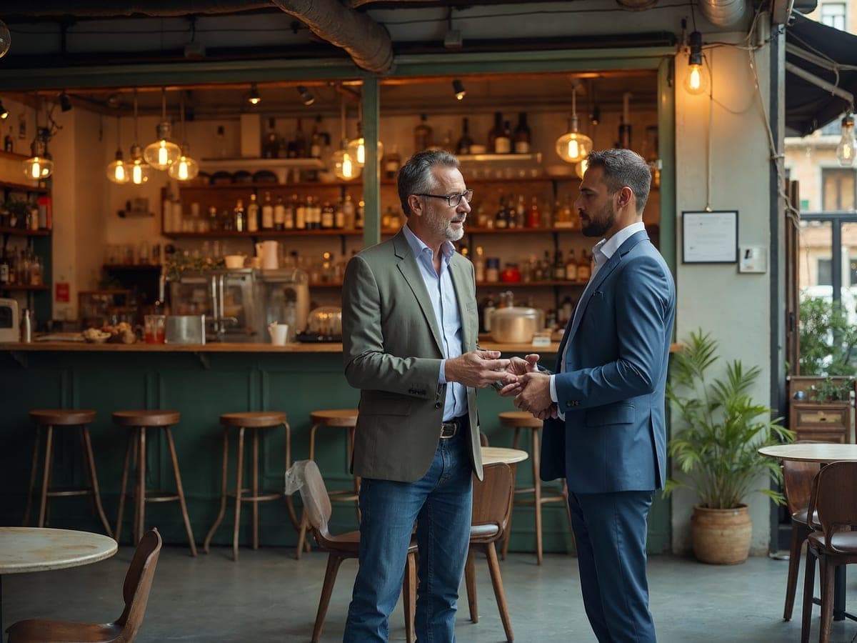 Agente enseñando un local de restauración a un emprendedor interesado